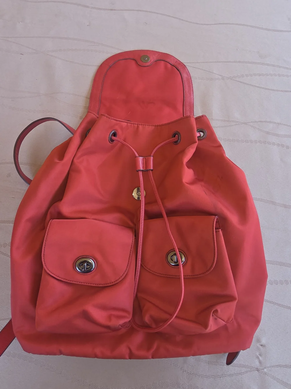 Auth COACH Nylon Leather Bucket Mouth Backpack Drawstring Turn lock F58814 Red